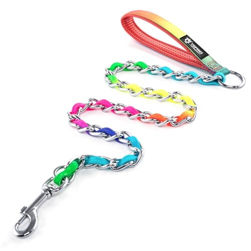 TSPRO Kausichere Hundeleine Edelstahl Hunde-Metallkette Trainingsleine mit weichem Griff für mittelgroße und große Hunde Regenbogen (4MM, Rainbow) von TSPRO