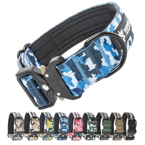 TSPRO Premium Camo Hunde Halsband mit leuchtendem Patch Dickes Halsband für Hunde, Verstellbar, mit robustem Schnellverschluss Metallschnalle Geeignet für kleine, mittlere, große Hunde (Camo Blau-M) von TSPRO