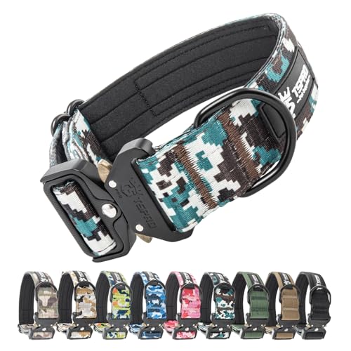 TSPRO Premium Camo Hunde Halsband mit leuchtendem Patch Dickes Halsband für Hunde, Verstellbar, mit robustem Schnellverschluss Metallschnalle Geeignet für kleine, mittlere, große Hunde (Camo Cyan-M) von TSPRO