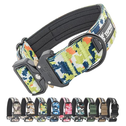 TSPRO Premium Camo Hunde Halsband mit leuchtendem Patch Dickes Halsband für Hunde, Verstellbar, mit robustem Schnellverschluss Metallschnalle Geeignet für kleine, mittlere, große Hunde (Camo Grün-M) von TSPRO