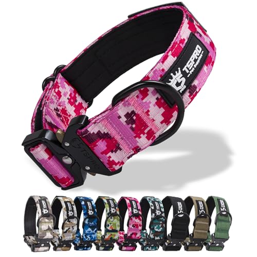 TSPRO Premium Camo Hunde Halsband mit leuchtendem Patch Dickes Halsband für Hunde, Verstellbar, mit robustem Schnellverschluss Metallschnalle Geeignet für kleine, mittlere, große Hunde (Camo Pink-M) von TSPRO