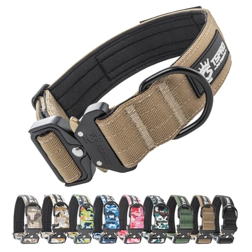 TSPRO Premium Hundehalsband mit Patch Dickes Verstellbares Taktisches Hundehalsband Schwere Ausführung Schnellverschluss Metallschnalle für Mittelgroße bis Große Hunde (Khaki M) von TSPRO