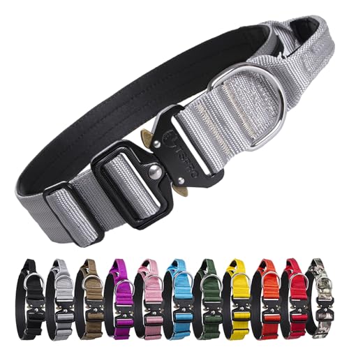 TSPRO Premium Hundehalsband mit Griff Dickes Verstellbares Taktisches Hundehalsband Schwere Ausführung Schnellverschluss Metallschnalle für Mittelgroße bis Große Hunde (Silber L) von TSPRO