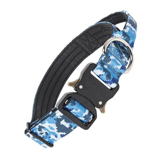 TSPRO Premium Hundehalsband mit Griff Dickes Verstellbares Taktisches Hundehalsband Schwere Ausführung Schnellverschluss Metallschnalle für Mittelgroße bis Große Hunde (Camo Blau M) von TSPRO