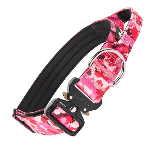 TSPRO Premium Hundehalsband mit Griff Dickes Verstellbares Taktisches Hundehalsband Schwere Ausführung Schnellverschluss Metallschnalle für Mittelgroße bis Große Hunde (Camo Rosa L) von TSPRO
