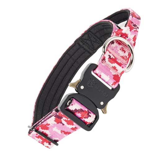 TSPRO Premium Hundehalsband mit Griff Dickes Verstellbares Taktisches Hundehalsband Schwere Ausführung Schnellverschluss Metallschnalle für Mittelgroße bis Große Hunde (Camo Rosa M) von TSPRO