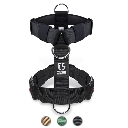 TSPRO Taktische Hundegeschirre mit Griff, 3,8 cm Breit, Militärqualität, Dick Gepolstert und Robust, Schnellverschluss-Gurtschnalle, Geeignet für Mittlere Hunde Schwarz M (for 20-36 kg Dogs, Black-M) von TSPRO