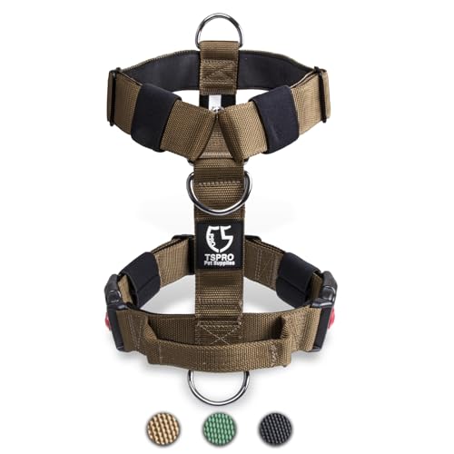 TSPRO Taktische Hundegeschirre mit Griff, 3,8 cm Breit, Militärqualität, Dick Gepolstert und Robust, Schnellverschluss-Gurtschnalle, Geeignet für Große Hunde Khaki L. (for 34-60 kg Dogs, Khaki-L) von TSPRO