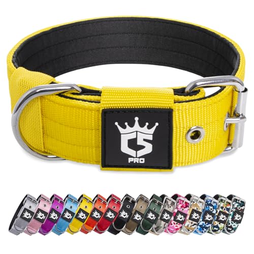 TSPRO Taktisches Hundehalsband, Robustes Halsband für Hunde mit Metallschnallenverschluss, 3,8 cm Breit, Verstellbar und Dick für Mittel bis Großgroße Hunde (Gelb L) von TSPRO