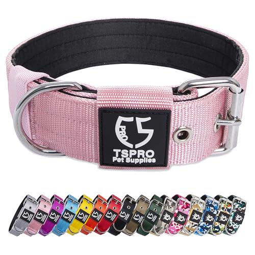 TSPRO Taktisches Hundehalsband, 3.8 cm breit, Militärqualität, Starkes Hundehalsband, Dickes Hundehalsband, robuste Metallschnalle, Hundehalsband Rosa-M(Pink-M) von TSPRO