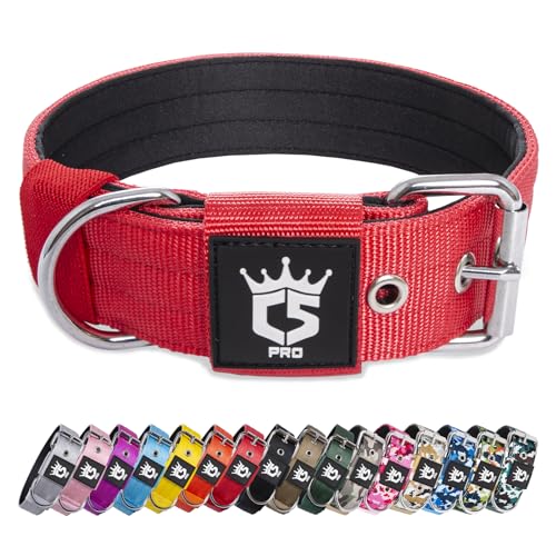 TSPRO Taktisches Hundehalsband, Robustes Halsband für Hunde mit Metallschnallenverschluss, 3,8 cm Breit, Verstellbar und Dick für Mittel bis Großgroße Hunde (Rot M) von TSPRO