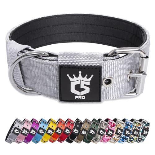 TSPRO Taktisches Hundehalsband, Robustes Halsband für Hunde mit Metallschnallenverschluss, 3,8 cm Breit, Verstellbar und Dick für Mittel bis Großgroße Hunde (Silber M) von TSPRO
