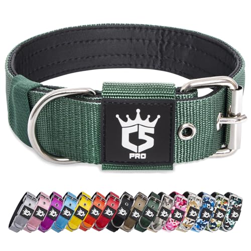 TSPRO Taktisches Hundehalsband, Robustes Halsband für Hunde mit Metallschnallenverschluss, 3,8 cm Breit, Verstellbar und Dick für Mittel bis Großgroße Hunde (Grün L) von TSPRO