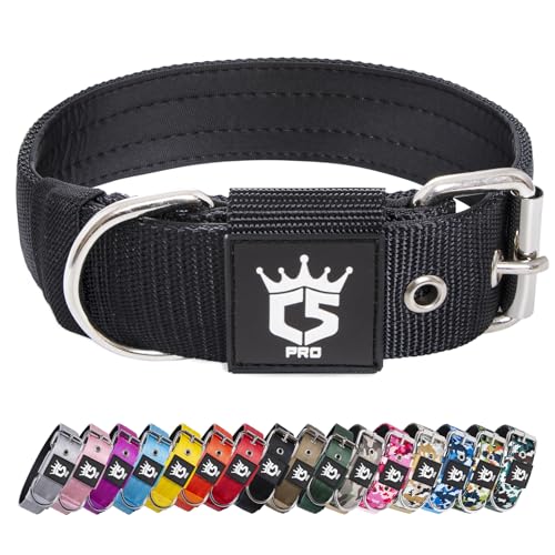 TSPRO Taktisches Hundehalsband, Robustes Halsband für Hunde mit Metallschnallenverschluss, 3,8 cm Breit, Verstellbar und Dick für Mittel bis Großgroße Hunde (Schwarz M) von TSPRO