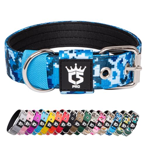 TSPRO Taktisches Hundehalsband, Robustes Halsband für Hunde mit Metallschnallenverschluss, 3,3 cm Breit, Verstellbar und Dick für Kleine Hunde (Camo Blau S) von TSPRO