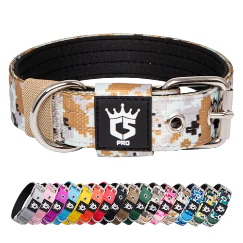 TSPRO Taktisches Hundehalsband 3,3 cm breit Hundehalsband Militärstandard Starkes Hundehalsband Dickes Hundehalsband Hundehalsband mit Stabiler Metallschnalle (Camo Khaki-S) von TSPRO