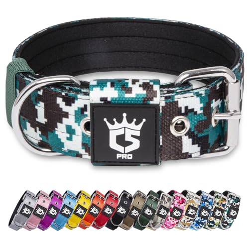 TSPRO Taktisches Hundehalsband, Robustes Halsband für Hunde mit Metallschnallenverschluss, 3,8 cm Breit, Verstellbar und Dick für Mittel bis Großgroße Hunde (Camo Cyan L) von TSPRO