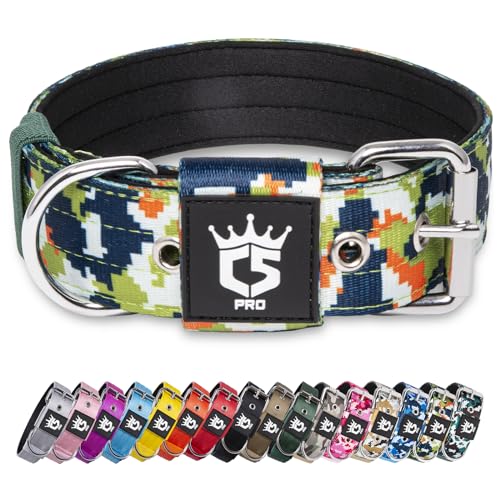 TSPRO Taktisches Hundehalsband, Robustes Halsband für Hunde mit Metallschnallenverschluss, 3,8 cm Breit, Verstellbar und Dick für Mittel bis Großgroße Hunde (Camo Grün M) von TSPRO