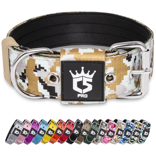 TSPRO Taktisches Hundehalsband, Robustes Halsband für Hunde mit Metallschnallenverschluss, 3,8 cm Breit, Verstellbar und Dick für Mittel bis Großgroße Hunde (Camo Khaki L) von TSPRO
