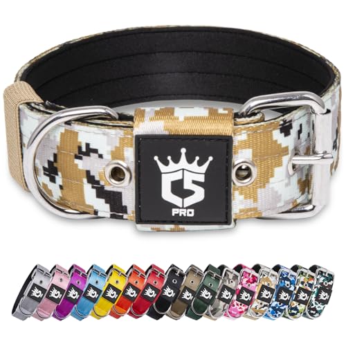 TSPRO Taktisches Hundehalsband 3,8 cm breit Hundehalsband Militärstandard Starkes Hundehalsband Dickes Hundehalsband Hundehalsband mit Stabiler Metallschnalle (Camo Khaki-L) von TSPRO