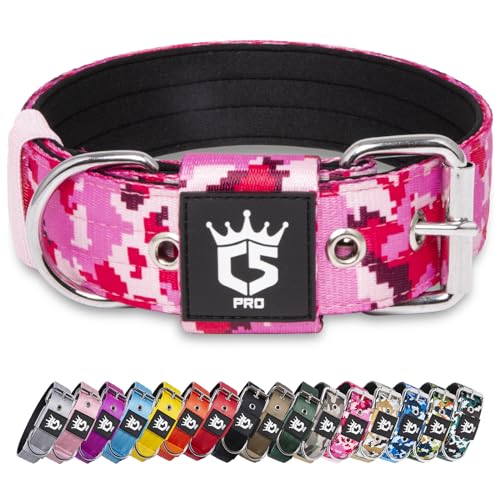 TSPRO Taktisches Hundehalsband, Robustes Halsband für Hunde mit Metallschnallenverschluss, 3,8 cm Breit, Verstellbar und Dick für Mittel bis Großgroße Hunde (Camo Rosa M) von TSPRO
