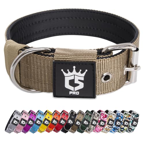 TSPRO Taktisches Hundehalsband, Robustes Halsband für Hunde mit Metallschnallenverschluss, 3,8 cm Breit, Verstellbar und Dick für Mittel bis Großgroße Hunde (Khaki L) von TSPRO