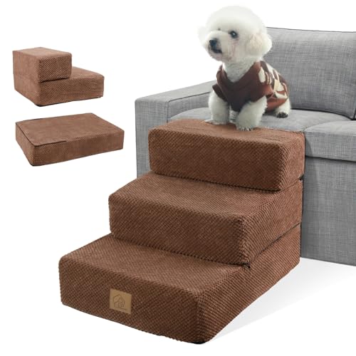 3-stöckige Hundetreppe für Sofa, Couch, Bett, abnehmbare 2-stöckige Haustiertreppe und 61 x 40 cm Hundebett, faltbare Schaumstoff-Haustiertreppe für kleine, mittelgroße Hunde und Katzen, hält bis zu von TSYPAIRS