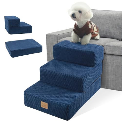 Faltbare 3-stufige Hundetreppe für Sofa, Couch, Bett, abnehmbare 2-stöckige Haustiertreppe und 61 x 40 cm Hundebett, Schaumstoff-Haustiertreppe für kleine, mittelgroße Hunde und Katzen, hält bis zu 30 von TSYPAIRS
