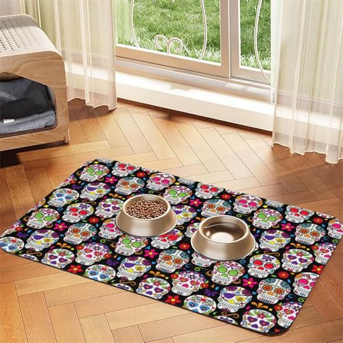 Bunte Blumenschädel-Druck, saugfähige Leder-Tischdecke für Hunde und Katzen, Futtermatte, 60 x 40 cm, 4 mm dick von TTIGLHOH