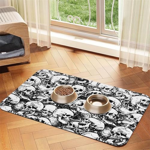Haustier-Tischdecke mit Totenkopf-Muster, saugfähig, für Hunde, Katzen, Futtermatte, 60 x 40 cm, 4 mm dick, Schwarz / Weiß von TTIGLHOH
