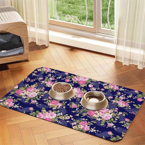Marineblaue Unterlage mit Blumendruck, saugfähige Leder-Tischdecke für Hunde und Katzen, Futtermatte, 60 x 40 cm, 4 mm dick Marineblaue Unterlage mit Blumendruck, saugfähige Leder-Tischdecke für Hunde und Katzen, Futtermatte, 60 x 40 cm, 4 mm dick von TTIGLHOH