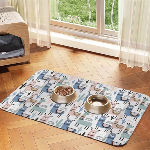 Saugfähige Leder-Tischdecke mit Lama-Alpaka-Kaktusdruck, für Hunde und Katzen, Futtermatte, 60 x 40 cm, 4 mm dick von TTIGLHOH