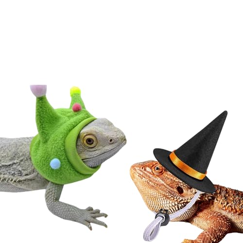 Bartagamen-Hüte, Baumwolle, Halloween, Eidechse, Reptilienkostüm, coole Haustierkappe, Reptilienbekleidung, Zubehör für Kleintiere (Grün + Hexenhut) von TTMIMIK