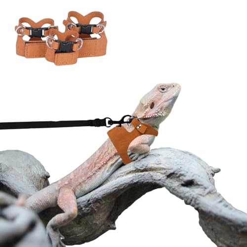 Bartdrachengeschirr und Leine, verstellbares Geschirr, weiches Leder, 3 Größen (S, M, L), mit Leine, Eidechse, Reptilien, Zugweste, Zubehör für Bartagamen, Leguane oder Gecko, Braun von TTMIMIK