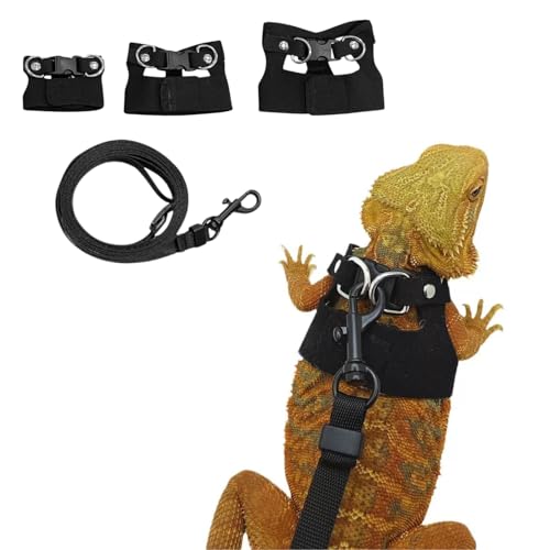 Bartdrachengeschirr und Leine, verstellbares Geschirr, weiches Leder, 3 Größen (S, M, L) mit Leine, Eidechse, Reptilien, Zugseil, Wanderweste, Zubehör für Bartagamen, Leguane oder Gecko, Schwarz von TTMIMIK
