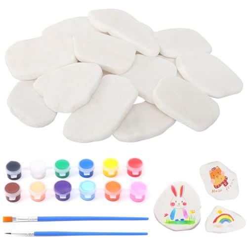 TTYSHIP® 12 Stück Steine zum Bemalen, 3-8 cm Weiße Kieselsteine zum Bemalen mit 12 Farben Acrylfarbe und 2 Pinseln für Bunte Malerei Dekoration von TTYSHIP