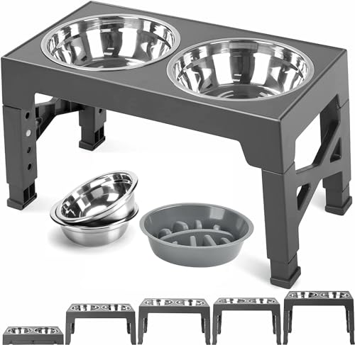 TUAHOO Erhöhte Hundenäpfe 5 Höhenverstellbare Fütterung, Futternapf für Hunde mit 2 Edelstahl-Schüsseln 1200ml & Langsamfutternapf 800ml, Futterstation für Kleine, Mittelgroße, Große Hunde von TUAHOO