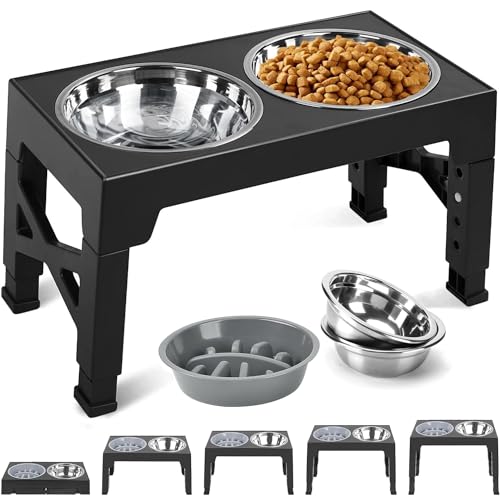 TUAHOO Erhöhte Hundenäpfe Futterstation, 5 Höhenverstellbar Futternapf für Mittlere Große Hunde mit 2×1,2L Edelstahlschüsseln und 0,8L auslaufsicherem Hundenapf von TUAHOO