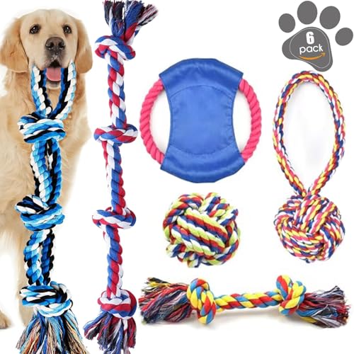 TUAHOO Hundespielzeug Seil für kleine, Große und Mittlere Hund, unzerstörbares Hundespielzeug & Hundefrisbee & Hund Seil Ball, interaktives Tauziehspielzeug Baumwolle Zahnen Kauspielzeug, Set mit 6 von TUAHOO