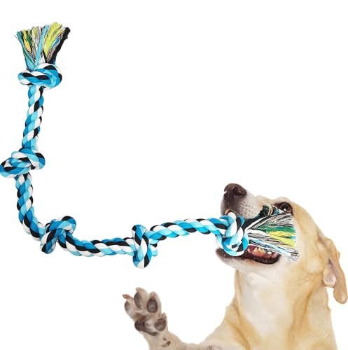 TUAHOO Hundespielzeug für große / mittelgroße aggressive Kauer, 90 cm, 5 Knoten, unzerstörbar, 100 % Baumwolle, interaktives Tauziehen, Zahnreinigung (5 Knoten, blau) von TUAHOO