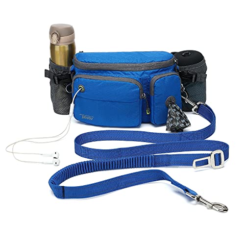 TUDEQU 4-IN-1 Hands Free Dog Zero Shock Absorbing Bungee Leash with a Multifunctional Waist Bag, 5.8FT/178cm Leash with Car Seat Belt Buckle and Reflective Threading (Blue) von TUDEQU