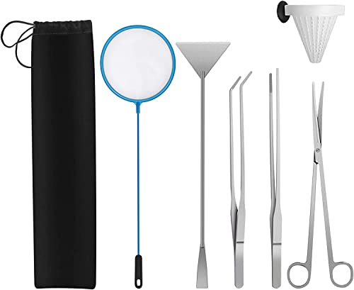 Edelstahl Aquarium Werkzeug Set,6 in 1 Aquascape Tool mit lang Pinzette Schere Spatel Fischnetz Fütterungstrichter,Aquarium Aquascaping Set für Einsteiger Aquarienpflanzenkies Reinigen von TUFA