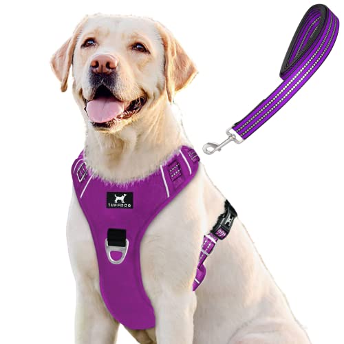 TUFFDOG Easy-Fit Hundegeschirr, groß – Schnellverschluss-Halsclip, Premium gepolstert, reflektierend, kein Ziehen Geschirr mit Kontrollgriff, verstellbare Step-In-Hundeweste plus kostenlose passende Leine (L, Vivid Violett) von TUFFDOG