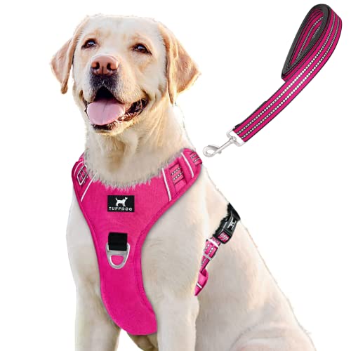 TUFFDOG Easy-Fit Hundegeschirr Hund – Schnellverschluss Halsclip, Premium gepolstert, reflektierend, kein Ziehen Geschirr mit Kontrollgriff, verstellbare Step-In Hundeweste plus kostenlose passende Leine (XL Hot Pink) von TUFFDOG