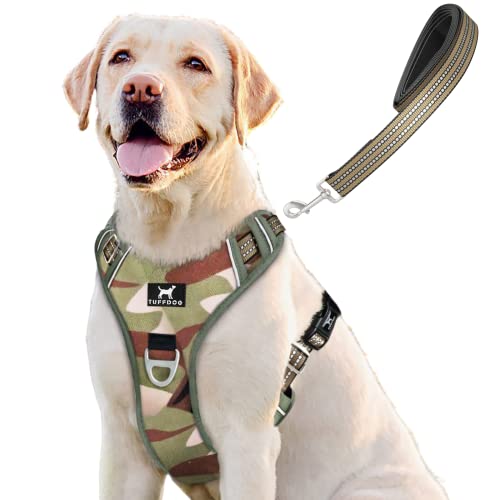 TUFFDOG Easy-Fit-Hundegeschirr – Schnellverschluss-Halsclip, gepolstert, reflektierend, kein Ziehen, verstellbare Step-In-Hundeweste plus passende Leine (XL, Jungle Camo) von TUFFDOG