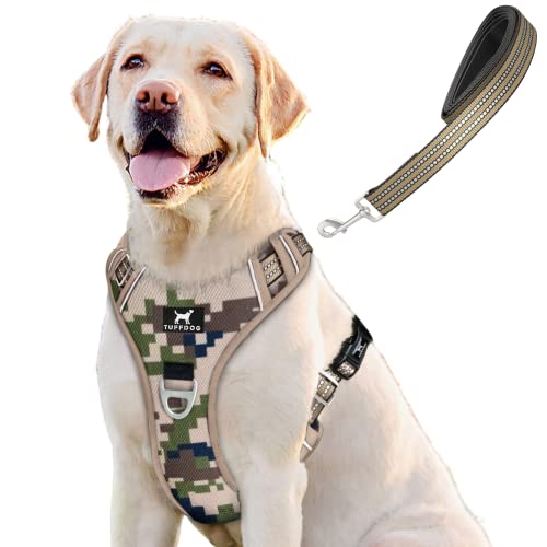 TUFFDOG Easy-Fit-Hundegeschirr – Schnellverschluss-Halsclip, gepolstert, reflektierend, kein Ziehen, verstellbare Step-In-Hundeweste plus passende Leine (groß, Desert Camo) von TUFFDOG