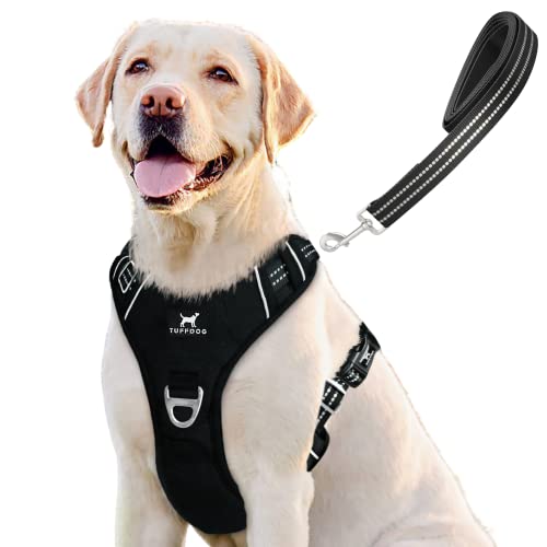 TUFFDOG Easy-Fit-Hundegeschirr – Schnellverschluss-Halsclip, gepolstert, reflektierend, kein Ziehen, verstellbare Step-In-Hundeweste plus passende Leine (groß, Rabe schwarz) von TUFFDOG