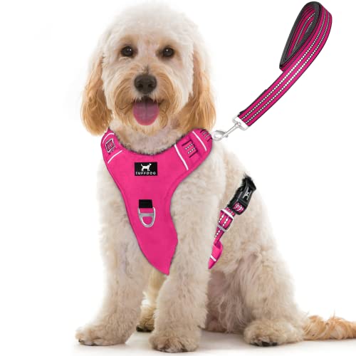 TUFFDOG Easy-Fit Hundegeschirr, mittelgroß, schnell zu öffnender Halsclip, hochwertig gepolstert, reflektierend, kein Ziehen, mit Kontrollgriff, verstellbare Hundeweste mit passender Leine (M, Hot von TUFFDOG