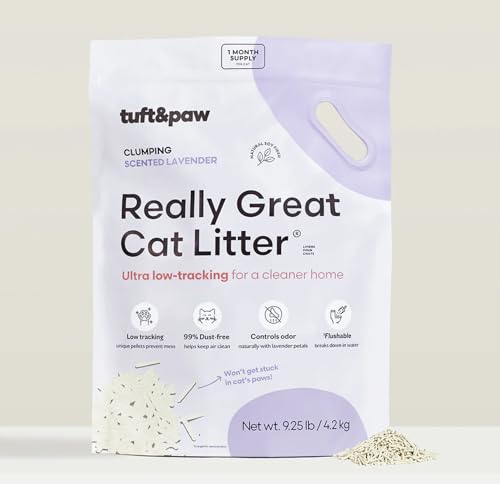 Tuft + Paw Wirklich tolles Katzenstreu, Tofu-Katzenstreu, klumpend, spülbar, Geruchskontrolle, staubfrei, 4,2 kg x 2 Beutel (natürlicher Lavendel) von TUFT + PAW