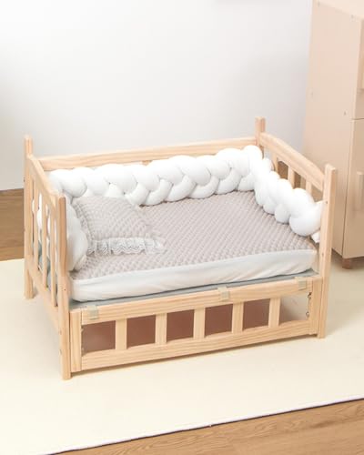 Hundebett Abnehmbar Erhöhtes Haustierbett -Holzrahmen, Einfache Montage Basic Hundeunterkunft mit Accessoires, Langlebige Winter Haustier Ruhemöbel für Katze/ Hund ( Color : 2-with Bedding , Size : L- von TUJOBA